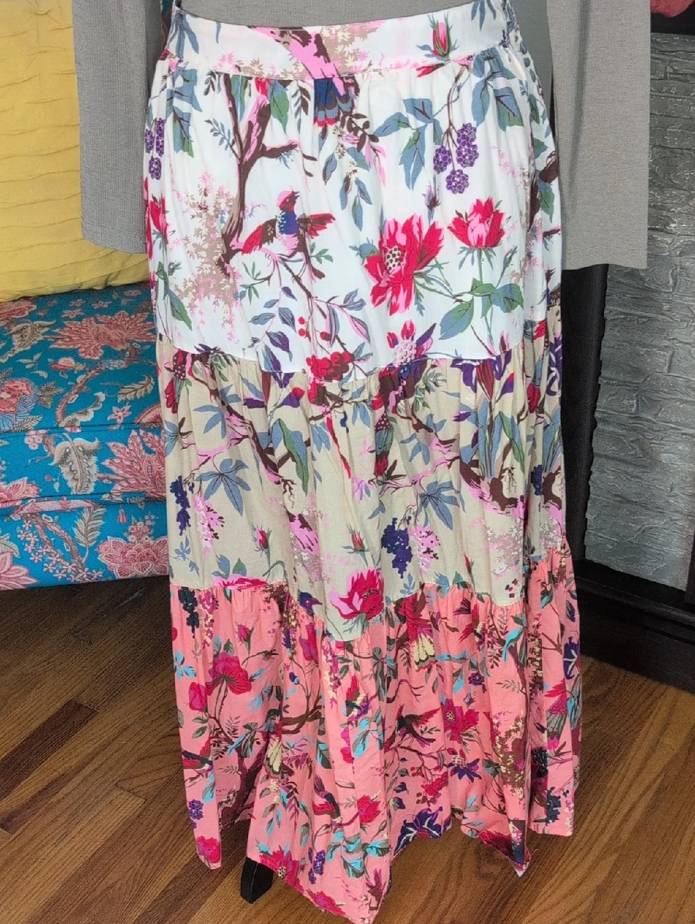 dylan Floral Tiered Maxi Skirt in White, Pink & Cream